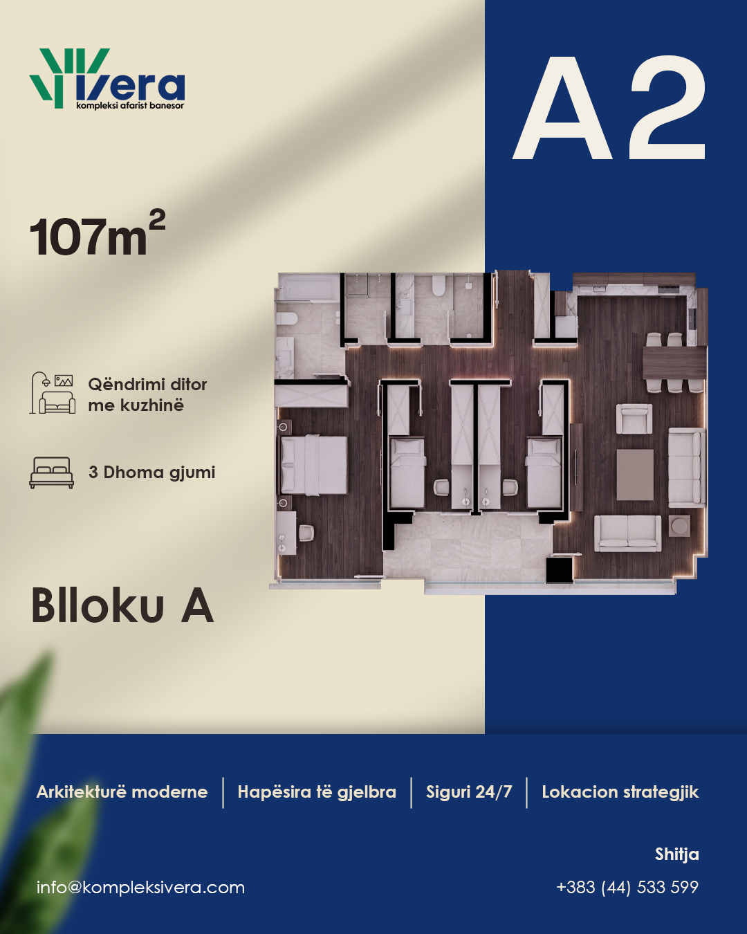 Grundriss A2, Block A: 3 Schlafzimmer, 107 m²