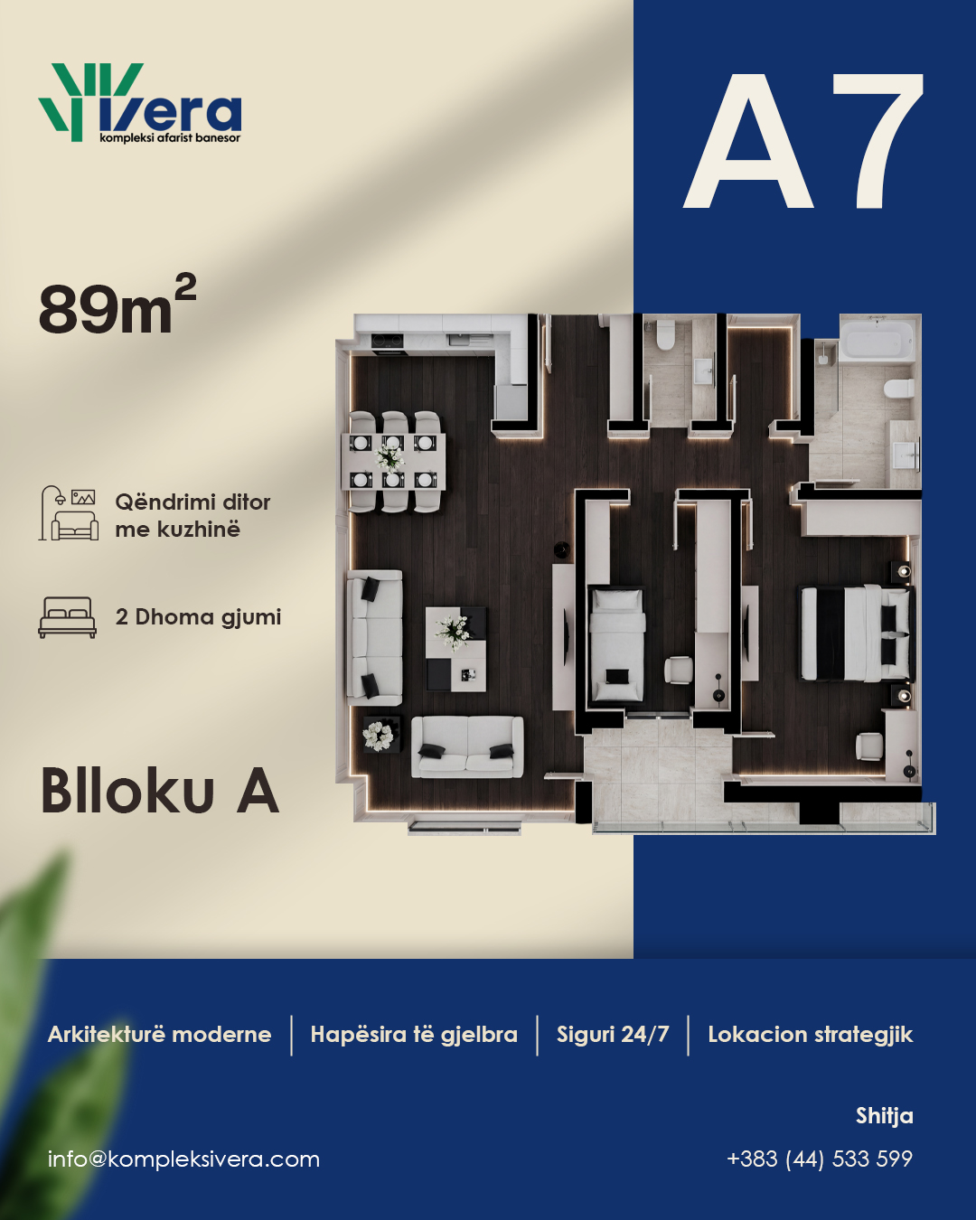 Grundriss A7, Block A: 2 Schlafzimmer, 89 m²