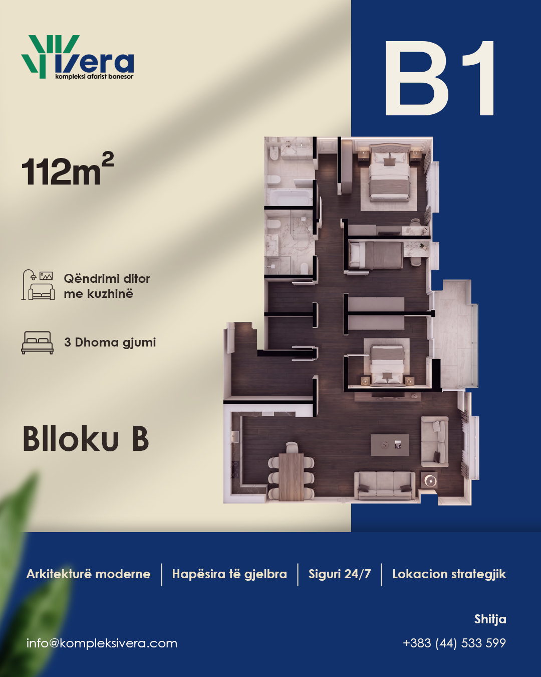 Grundriss B1, Block B: 3 Schlafzimmer, 112 m²