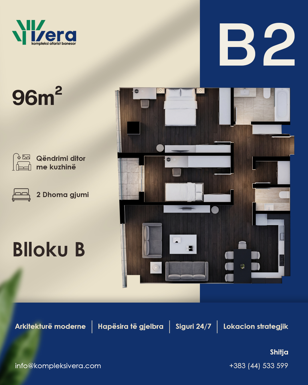 Grundriss B2, Block B: 2 Schlafzimmer, 93–96 m²