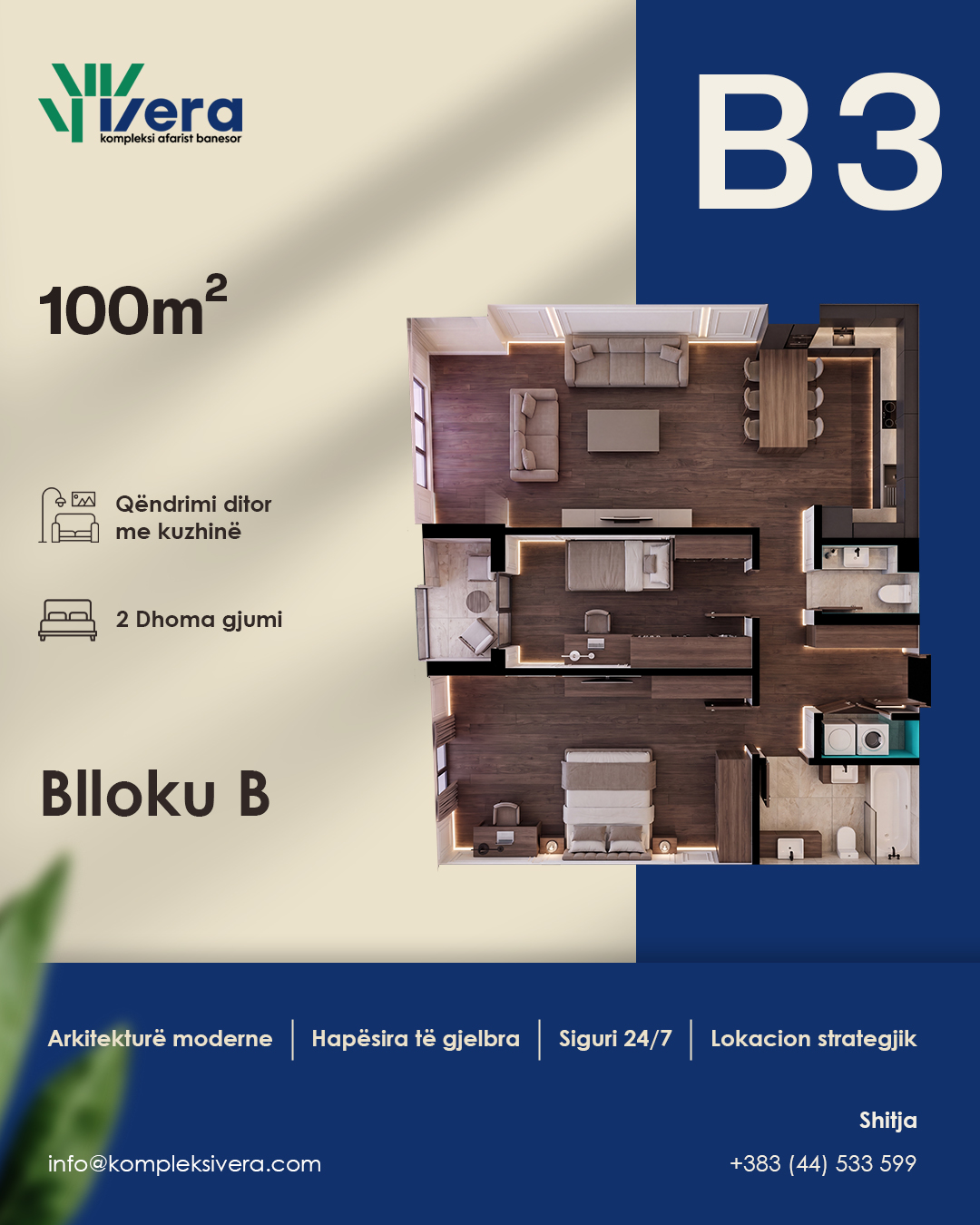 Grundriss B3, Block B: 2 Schlafzimmer, 93–100 m²