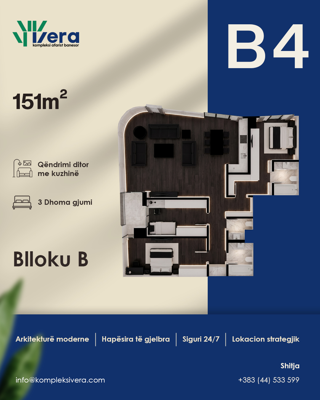 Grundriss B4, Block B: 3 Schlafzimmer, 121–151 m²