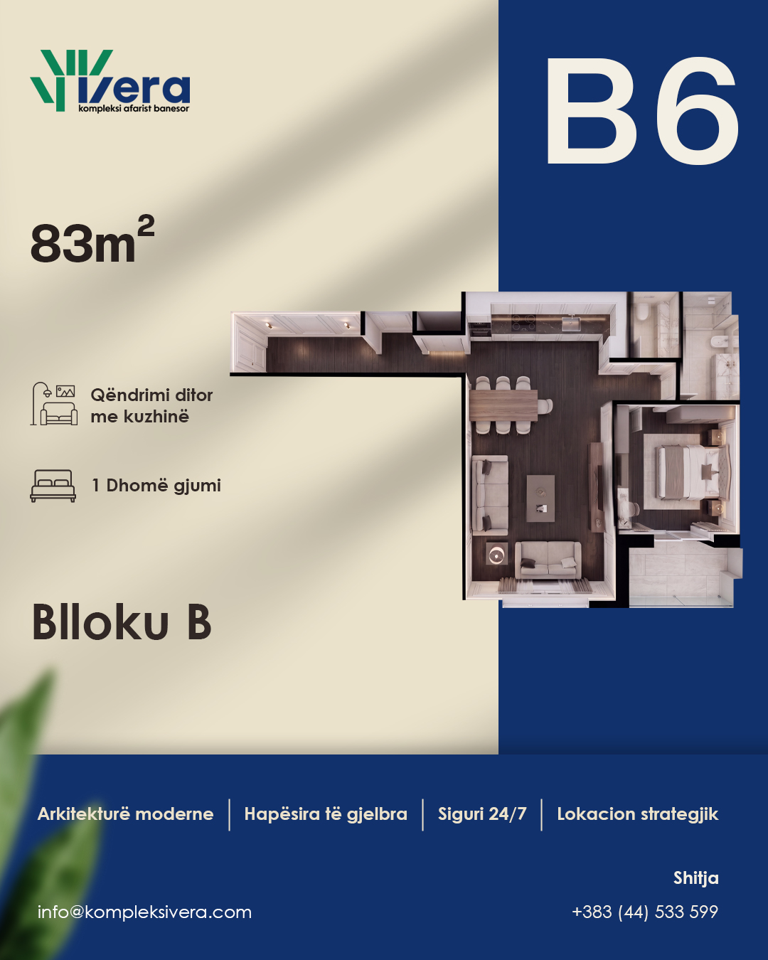 Grundriss B6, Block B: 1 Schlafzimmer, 83 m²