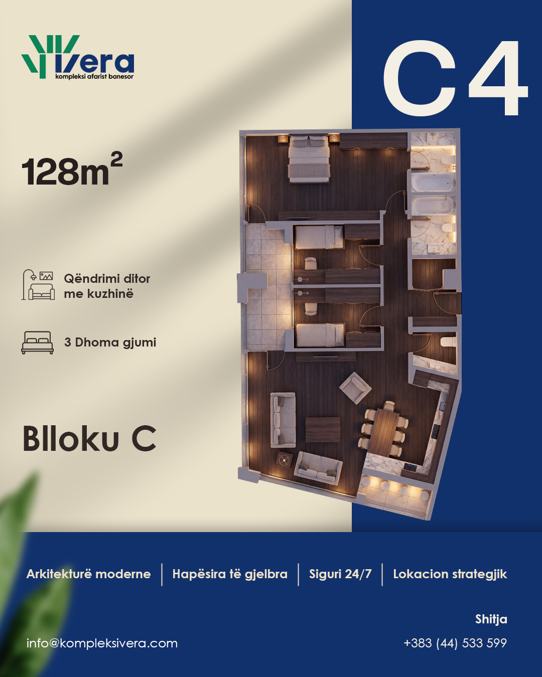 Grundriss C4, Block C: 3 Schlafzimmer, 128 m²