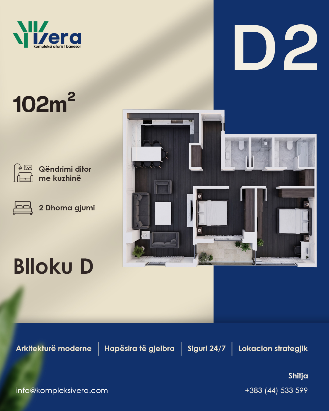 Grundriss D2, Block D: 2 Schlafzimmer, 102 m²