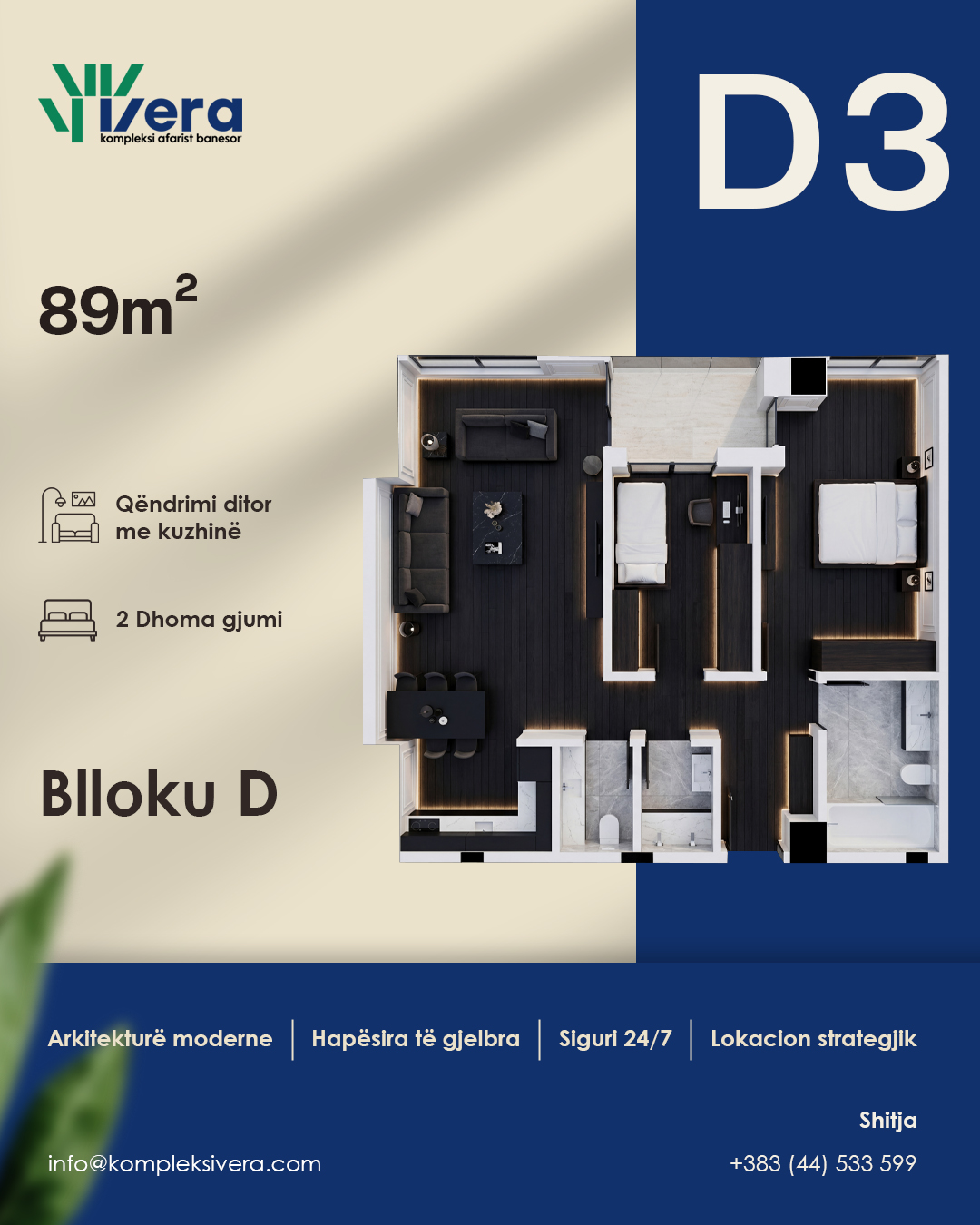 Grundriss D3, Block D: 2 Schlafzimmer, 89 m²