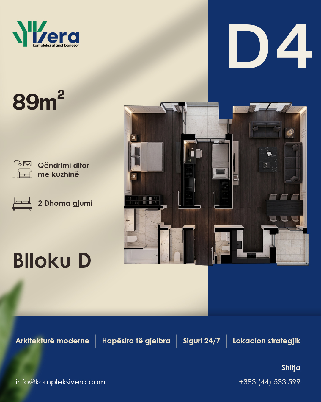 Grundriss D4, Block D: 2 Schlafzimmer, 89 m²