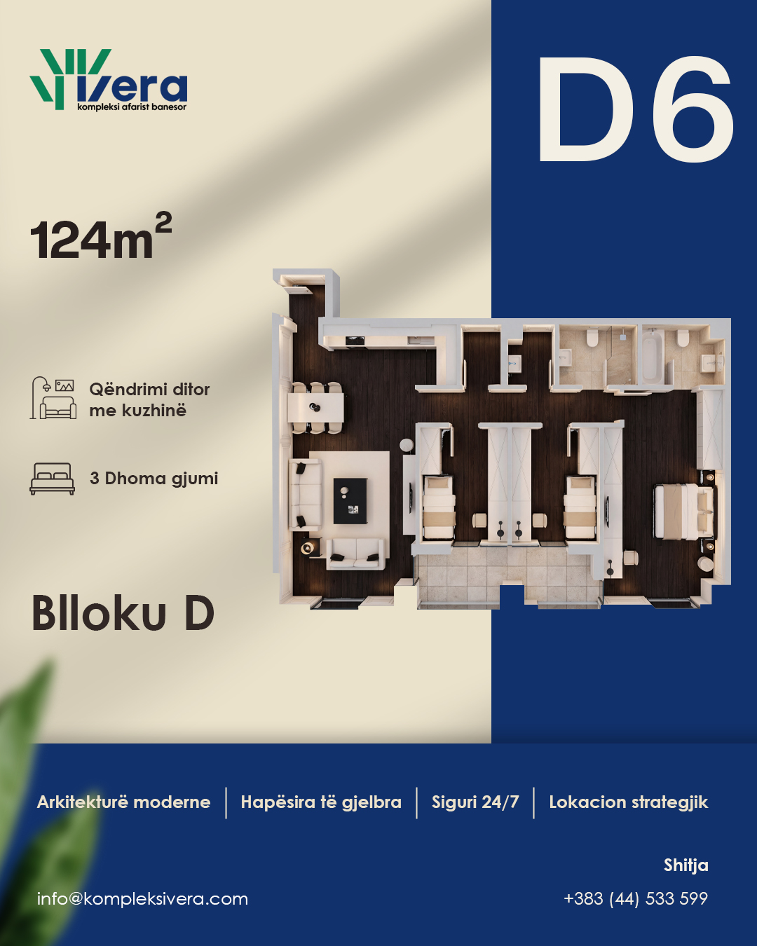 Grundriss D6, Block D: 3 Schlafzimmer, 124 m²