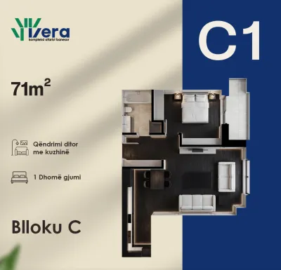 1-Schlafzimmer-Wohnung C1, 71 m² - Block C, etage 1