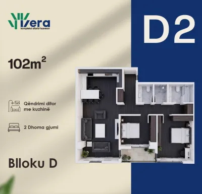 2-Schlafzimmer-Wohnung D2, 102 m² - Block D, etage 1