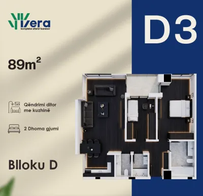 2-Schlafzimmer-Wohnung D3, 89 m² - Block D, etage 1
