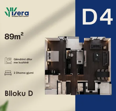 2-Schlafzimmer-Wohnung D4, 89 m² - Block D, etage 1