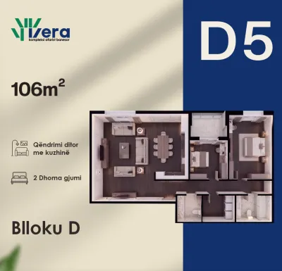2-Schlafzimmer-Wohnung D5, 106 m² - Block D, etage 1